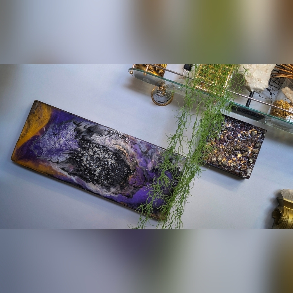 Wood Canvas Epoxy Resin Moonstone Crystal "SPACE" Art Piece